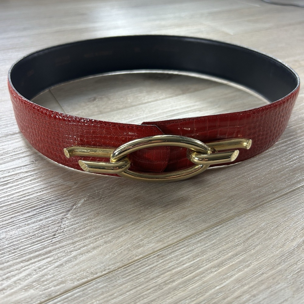VTG 90s Avignon M Red Croc Embossed Leather Gold Buckle Statement Made in France
